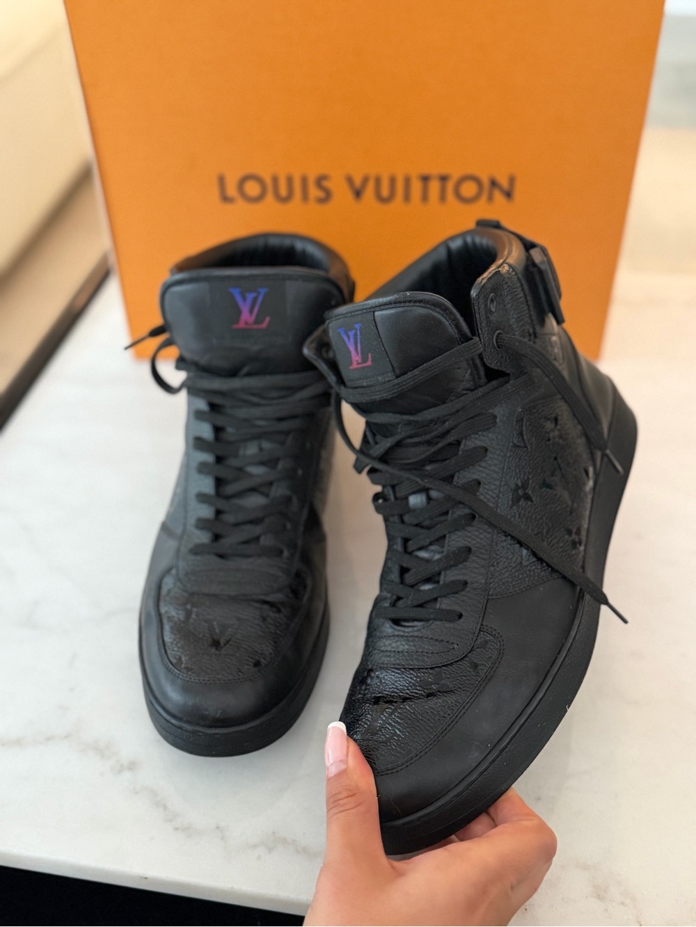 Louis Vuitton Black High-Top Sneakers with Purple LV Accent